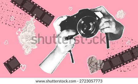 Creative Photography. Trendy Halftone Collage. Scrapbooking Kit, Cutout Lace, Camera, Heart