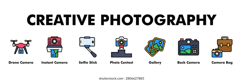 CREATIVE PHOTOGRAPHY web banner icon vector illustration concept for business with icon of ood Cart, Food Truck, Fast Food, Beverage Dispenser, Reserved Table, Restaurant Menu, Cash Register