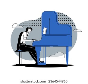 Creative pianist playing piano. Concept of creating music, hobby. Young and creative musician performing on stage. Flat vector illustration in cartoon style svg