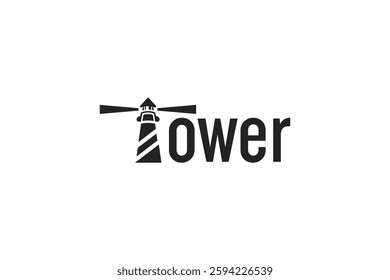 creative pictogram logotype tower of lighthouse symbol design vector illustration isolated white. silhouette tower lighthouse icon logo business vector design template