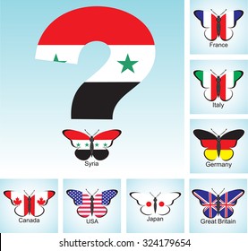The creative picture of flags of countries of the Big seven in the form of butterflies and the Syrian flag in the shape of a question mark