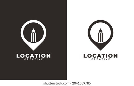 Creative Pin Location Logo. Pencil Combined with Point Map Icon Vector Illustration