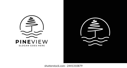 Logo de Creative Pine View. Pino con estilo de contorno lineal. Icono de logotipo al aire libre Símbolo Vector Diseño Inspiración.