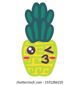 Creative pineapple kissing emoji hand drawn illustration. Winking kawaii tropical fruit emoticon