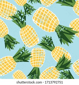 Creative pineapple seamless pattern. Hand drawn summer colorful tropical fruits endless wallpaper. Design for fabric, textile print, wrapping paper, cover. Vector illustration