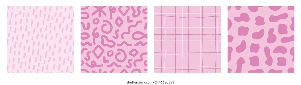 Creative pink abstract style art background. Fun seamless pattern collection. Simple doodle wallpaper print set. Trendy texture design with hand drawn shapes. Vector illustration