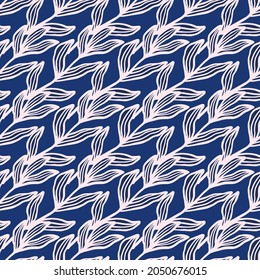 Creative pink branch with leaves seamless pattern on blue background. Abstract foliage backdrop. Nature wallpaper. For fabric design, textile print, wrapping, cover. Vector illustration.