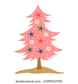 Creative pink Christmas tree with tropical decor on white backgr