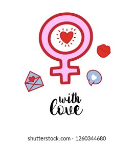 Creative pink Female symbol isolated on white background for Happy Valentine's Day celebration. Greeting card. Hand drawn, doodle styled. Heart, kisses lips, buble and envelope. With Love lettering