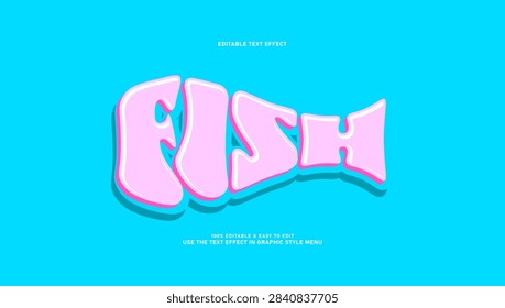 Creative pink fish-shaped editable text effect with a playful cartoon style, set against a vibrant blue liquid marble water background.