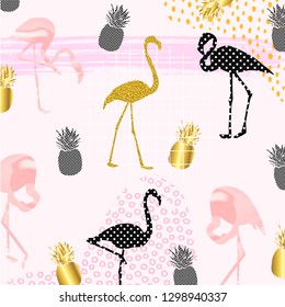Creative pink flamingo pattern print, vector hand drawn illustration