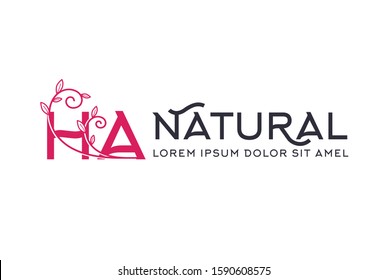Creative pink floral wedding initial HA icon design with horizontal text. Vector logo template