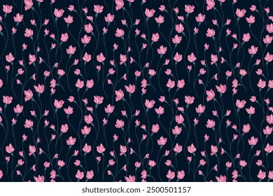 Creative pink florals stems pattern on a back background. Abstract artistic branches with tiny flowers small buds intertwined in a seamless print. Vector hand drawing. Simple ornament for designs