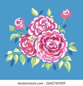 Creative pink flowers on a blue background. Vector illustration. Hand drawing, not AI.
