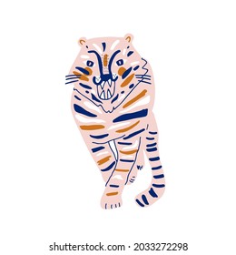 Tigre dibujado en forma creativa y rosa aislado en blanco. Ilustración artística moderna
