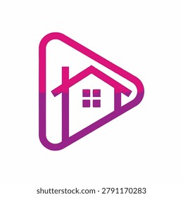 A creative pink and purple gradient play button housing a home silhouette, perfect for real estate media, housing apps, property search engines, and modern digital streaming services.