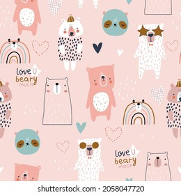 Creative pink seamless pattern with funny bears,pandas, hearts, rainbows. Vector childish texture great for fabric, textile, wallpaper.