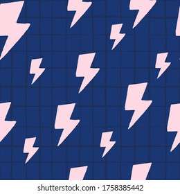 Creative pink thunder backdrop seamless pattern on blue background. Thunderbolt wallpaper. Lightning bolts. Design for fabric, textile print, kitchen textiles, wrapping, cover. Vector illustration