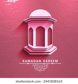 Creative pink traditional lantern on seamless pink ackground, Beautiful greeting or invitation card for holy month of Muslim community, Ramadan Kareem celebration.alues)