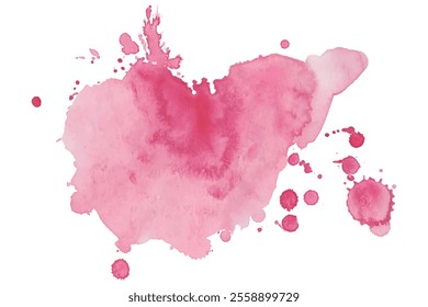 Criativa cor-de-rosa Watercolor Blot com gotas de tinta espalhadas. Cor de água rosa Splatter no fundo branco. Aquarelle splash com manchas manchas