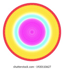 Creative pink, yellow, blue points round symbol. Abstract symmetrical logo. Mosaic colorful beads. Circle dots modern pixel floral art icon. Pattern ornament decorative illustration eps10.