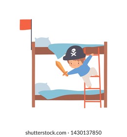 Creative Pirate Boy Character Playing Ship Made of Bunk Bed Cartoon Vector Illustration