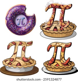 Creative Pi-Themed Food Illustrations with Donuts and Pies , pi day vector , pi day background