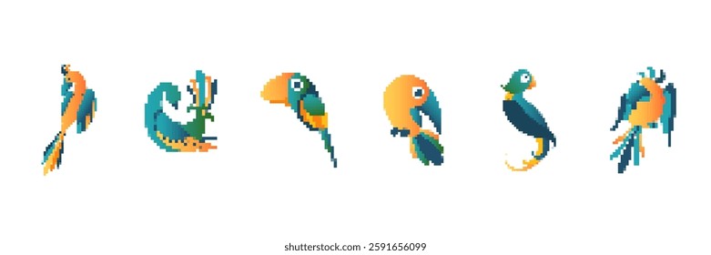 Creative pixel art parrots designed in vibrant colors, showcasing unique styles and imaginative poses.