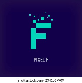 Creative pixel letter F logo. Unique digital pixel art and pixel explosion template. vector