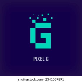 Creative pixel letter G logo. Unique digital pixel art and pixel explosion template. vector