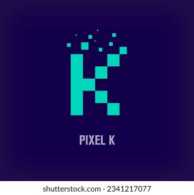 Creative pixel letter K logo. Unique digital pixel art and pixel explosion template. vector