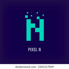 Creative pixel letter N logo. Unique digital pixel art and pixel explosion template. vector
