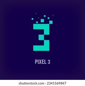Logo del número de píxel creativo 3. Plantilla única de explosión de píxeles y de píxeles digitales. vector