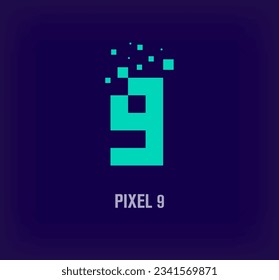 Creative pixel number 9 logo. Unique digital pixel art and pixel explosion template. vector