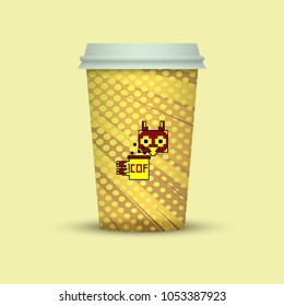 creative pixel paper cup take away coffee. with owl in pixel style