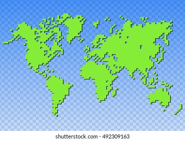 Creative pixeled world map on blue background. Vector illustration