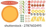 Creative pizza making activity template with pizza base and various toppings including pepperoni, mushrooms, olives, onions, cheese and vegetables. Ideal for children’s games, educational activities, food worksheets, printable crafts and restaurant themed designs.