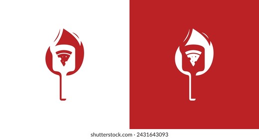 Creative Pizza Peel Logo. Minimalist Pizza Peel, Shovel, Spatula, Spade Paddle and Fire Flame. Pizzeria Logo Icon Symbol Vector Design Template.