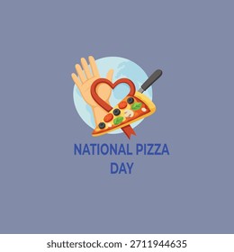Ilustración creativa de rebanada de pizza con corazón y espátula para la celebración del Día Nacional de la Pizza sobre fondo colorido