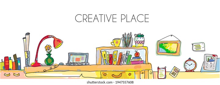 Creative place with laptop, books, home interior banner. Vector graphic illustration