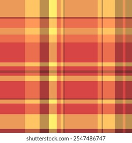 tecido xadrez criativo tartan, roupas sem costura padrão têxtil. O vetor de textura bonita verifica o plano de fundo na paleta de cores vermelho e laranja.