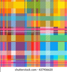 Creative Plaid Seamless Pattern. Checkered Cotton Fabric. Classical Traditional Indian Madras Print. Colorful Checkers, Stripes. Rainbow Colors. Retro Textile Design Collection. Multicolored chequers.