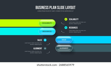Diseño de presentación de diapositivas de diagrama de elementos de Plan creativo 4. Diseño de diapositivas de infografía de cuatro pasos. Ilustración vectorial de Plantilla del marco de planificación empresarial.