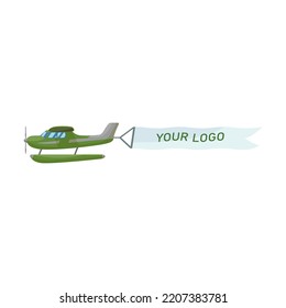 Creative plane flying with banner flat illustration. Cartoon aircraft, airplane and biplane with ribbon isolated vector illustration. Aviation and advertisement concept