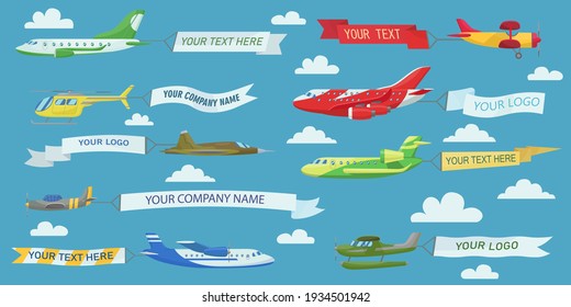 Creative planes flying with advertising banners flat illustration set. Cartoon aircrafts, airplanes and biplanes with ribbons isolated vector illustrations. Aviation and advertisement concept