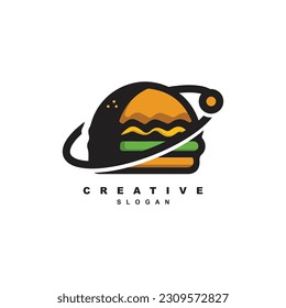 Vector de diseño del logo de la hamburguesa de planeta creativo. Logo de la hamburguesa de Saturn para su marca o negocio
