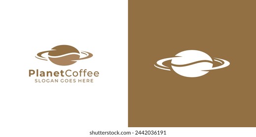 Logo de Creative Planet Coffee. Grano de café y Planeta de anillo con estilo minimalista. Icono de logotipo de la tienda de café Símbolo de diseño vectorial Inspiración.