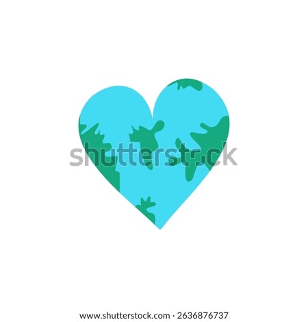 A creative Planet Earth icon designed in a heart shape to symbolize love for nature and the environment. Perfect for Earth Day icon. Isolated on white background