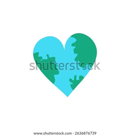 A creative Planet Earth icon designed in a heart shape to symbolize love for nature and the environment. Perfect for Earth Day icon. Isolated on white background