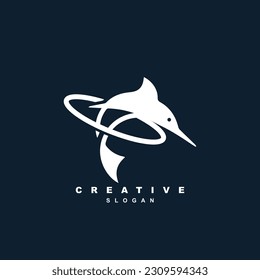 Creative planet marlin fishing logo design vector. jumping marlin fish logo vector